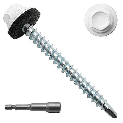 200pcs #10 x 2 White Hex Head Self-Drilling Metal Roofing Screws, EPDM Washer, Colored Head, Wood Screws, Sheet Metal Roof Screw with Hex Driver Bit (White, 2 in)