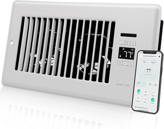 Super Quiet Register Booster Fan for 6" x 10" Register Holes, Smart Register Vent with Dual Intelligent Thermostat and WIFI App Control, Heating Cooling AC Vent Fan (White)