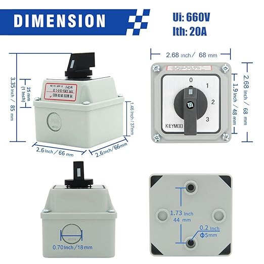 20A Black Rotary Changeover Switch with Box, 3-Way 1 NO 1 NC, 660V 8 Terminals, Universal Selector Switch with Fork Terminals, IP65 (4 Positions 2 Poles - Black