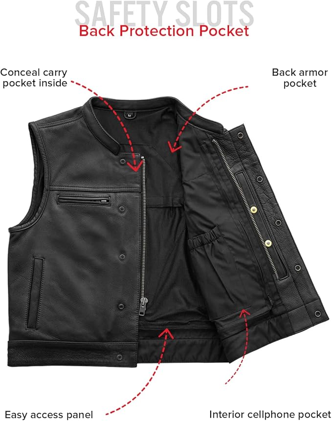 First Mfg Co Lowrider Mens Motorcycle Biker Riding Armor Club Style Black Leather, Twill, Moto Mesh, Perforated Vest