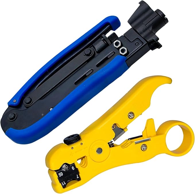 Coax Cable Crimper Kit, Coaxial Compression Tool Adjustable RG6 RG59 RG11 75-5 75-7 Coaxial Cable Stripper with 20PCS RG6 Connectors, 10PCS Female to Female Connectors, 6PCS RG11 Connector