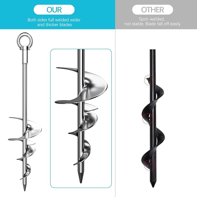 Phopich 18'' Ground Anchors, Fully Welded Heavy Duty Ground Anchors Screw in Swing Set Anchors Chrome Plating Anti Rust Ground Anchor with Straps for Dogs, Trampoline Stakes Resistant High Wind 4 Pack