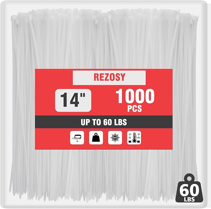 White Clear Zip Ties 14 Inch (1000 Pack) - 60 lb Heavy Duty UV Resistant Self-Locking Nylon Cable Ties for Outdoor Use