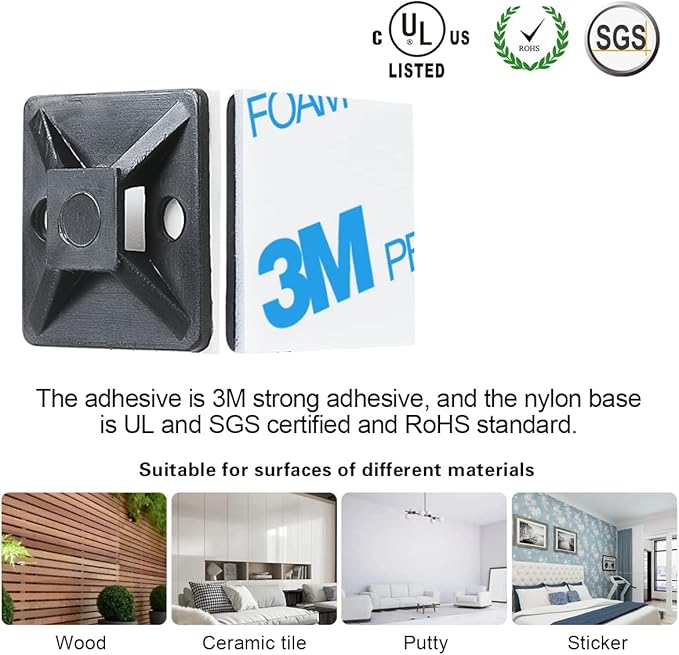 3/4" 3M Back-Glue Self Adhesive White Strong Cable Zip Tie Mounts 100pcs with 8" Ties, Screws, Outdoor Sticky Wire Fasteners Cable Clips Management Anchors Organizer Holders Squares (Pack of 2)