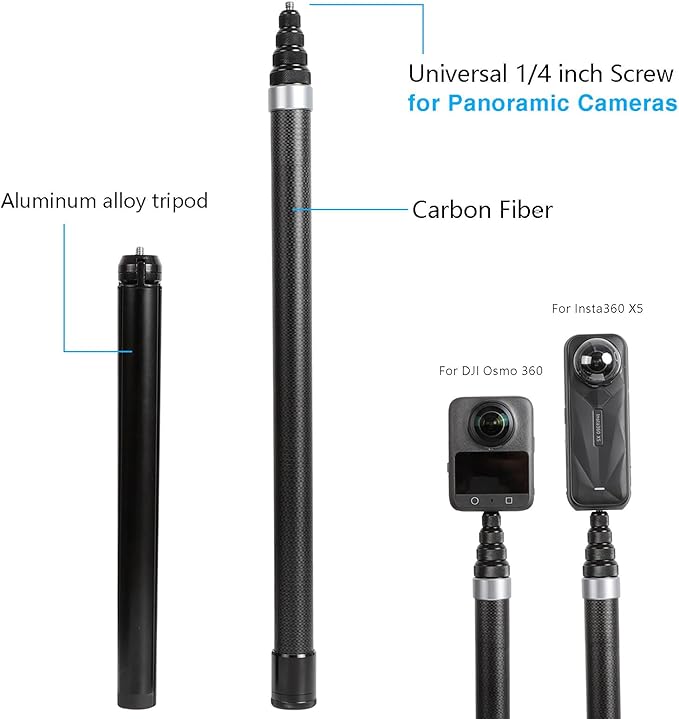 118” Carbon Fiber Extended Selfie Stick & Tripod for Insta360,3m Invisible Selfie Stick for Insta360 X5 X4 X3 X2 ONE RS,DJI Osmo 360 (18 to 118”)
