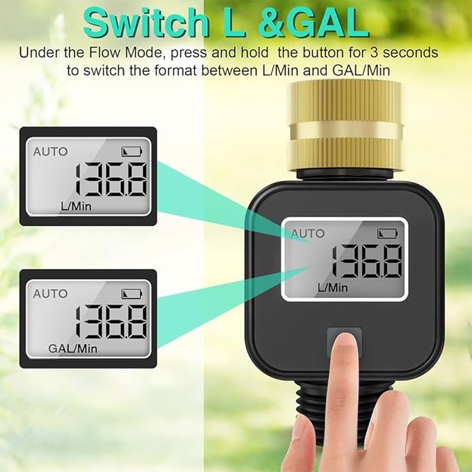 Water Flow Meter with Brass Metal Thread, Measures Gallons/Liters & Flow Rate – Ideal for RV Water Tank Filling, Garden Hose Watering, Lawn Sprinklers & Nozzle Sprayers