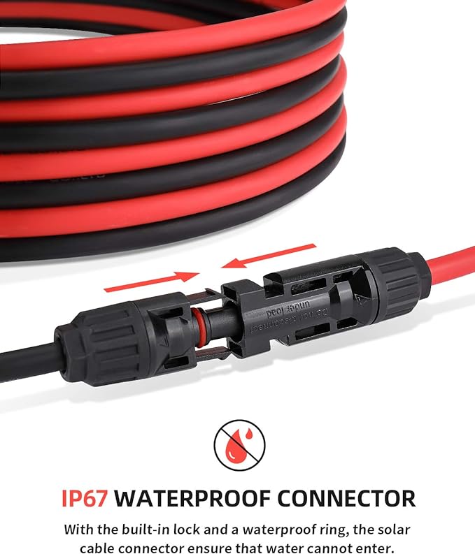 BougeRV 30 Feet 10AWG Solar Extension Cable with Female and Male Connector with Extra Pair of Connectors Solar Panel Adaptor Kit Tool (30FT Red + 30FT Black)