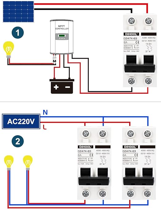 DIHOOL Solar Disconnect Switch, 6 Amp 2 Pole, DIN Rail Mount, Non Polarized, 12V 24V 48V 400V, AC/DC Circuit Breaker, RV Battery Isolator, PV Array MCB, Thermal Magnetic Trip