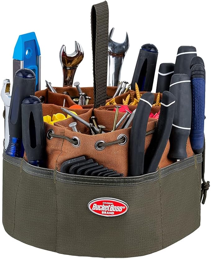 BucketBoss 25001 Canvas Organizer Parachute Bag with 19 Pockets for Nails,Screws, and Bolts in Brown