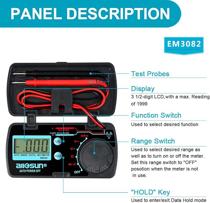 allsun Mini Auto Range Folding Digital Multimeter Automotive Tester AC DC Volt AMP Ohm LCD Travel Voltmeter Ammeter Continuity Tester Auto Power Off EM3082