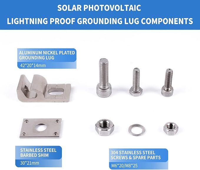 8Sets Solar Panel Photovoltaic Bolt-On Coupling Earthing Ground Lug Cable Clamp Ground Clamp with Lay in Lug for Bare Wire and Pipe