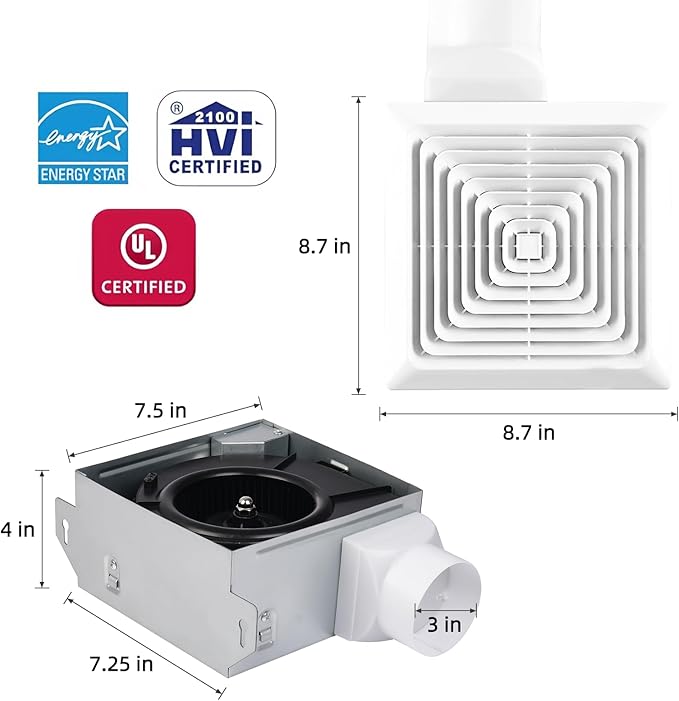 Bathroom Exhaust Fan 50 CFM 1.0 Sone, 3-Inch Duct, Quiet,Energy Star Certified, Easy to Install, No Attic Access Needed,Ceiling or Wall Mounted, Classic White Grille