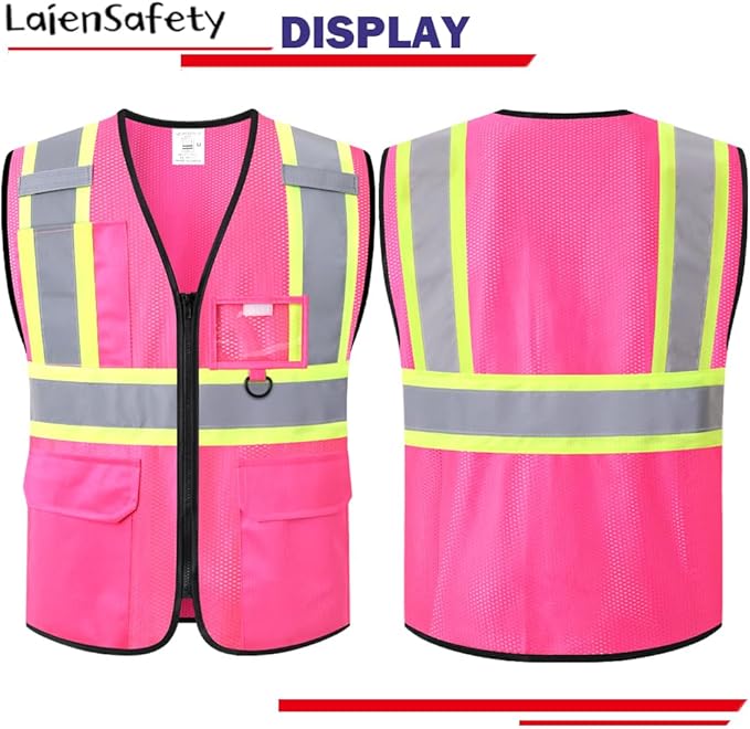 Safety Vest for Men Women Reflective with Multiple Pockets Mesh High Visibility Construction Work Vest,Meets ANSI/ISEA Standards(EK1-178-Pink-2XL)