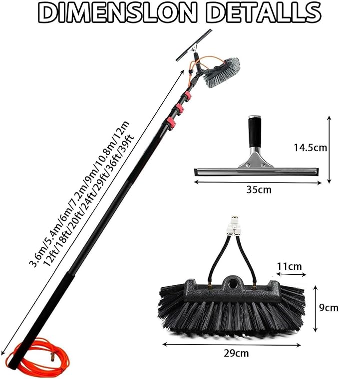 Water Fed Telescopic Brush, Photovoltaic Panel Cleaning Tool Water-Through Brush, Water Fed Brush Kit with Squeegee, Outdoor Solar Panel Cleaning System Pole 29cm-7.2m/24ft
