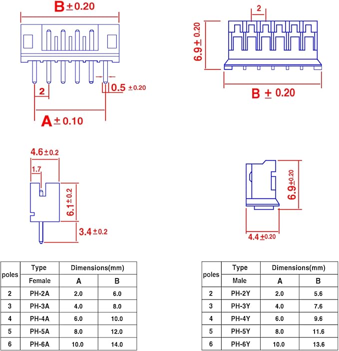 Taiss JST Crimping Tool with 580PCS JST PH Connector kit 2.0mm 2/3/4/5/6Pin Housing Female/Male Adapter Cable Connector Plug,Female Pin Connectors,Ratcheting Wire Crimper JST Crimper,Dupont Crimper