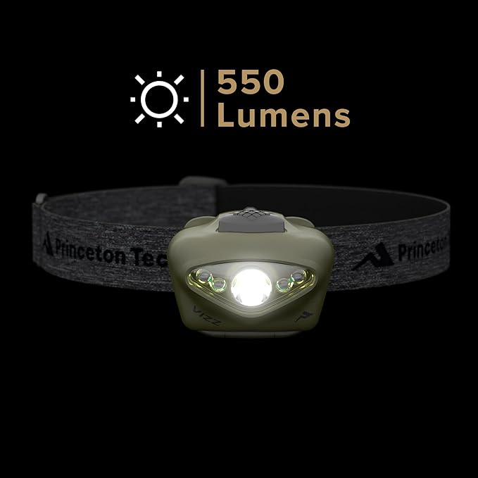 Princeton Tec Vizz Headlamp 550 Lumen Dimmable LED, IPX7 Water Resistance, Essential Outdoor Accessory for Hiking, Backpacking, Camping, Running, and Safety Preparedness, Green, New Version