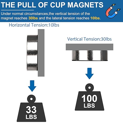 LOVIMAG Neodymium Cup Magnets, 100lbs Holding Force Strong Rare Earth Magnets with Countersunk Hole and Iron Sheet and Screw for Holding Tools Lifting, Hanging, Door, 1.26 inch, Pack of 12