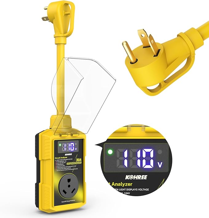 Kohree RV Surge Protector 30 Amp, 14000 Joules Power Surge Voltage Protection, RV Adapter Plug with Waterproof Cover Auto Shut Off LED Display Circuit Analyzer for Travel Trailers Camper-30A Yellow