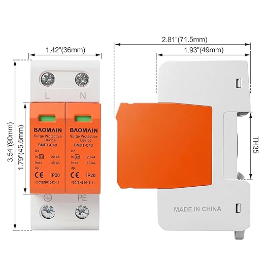 Baomain 2P (1P+N) Surge Protective,275V AC 40kA,BMD1-C40 Single-Phase SPD with Neutral Protection,DIN Rail Mounting,Flame Retardant Housing