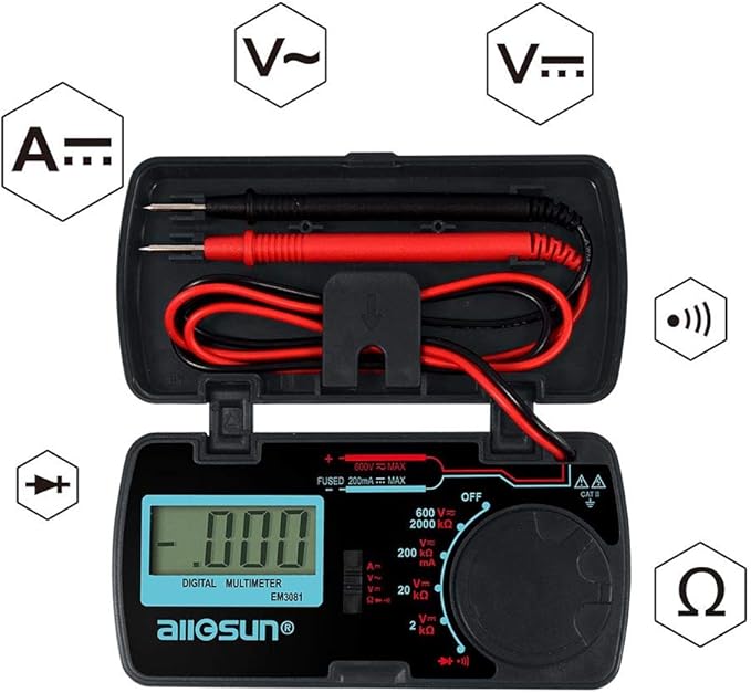 allsun Manual Range Mini Digital Multimeter 6 Functions Handheld Folding Voltmeter 3-1 2 Digit Pocket DMM DC/AC DC Ammeter Ohm Continuity Diode Tone Tester EM3081