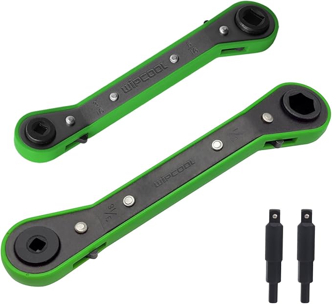 WIPCOOL HVAC Service Wrench Tools Set, Refrigeration Ratcheting Wrench, 3/8”1/4”5/16'' 3/16'' 9/16”1/2”, with 2 Hexagon Bit Adapter Kit for Air Refrigeration and Equipment Repair Tools