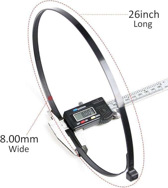 Cable Zip Ties Heavy Duty 26 Inch, Ultra Strong Plastic Wire Ties with 180 Pounds Tensile Strength, 50 Pieces, Durable Nylon Black tie Wraps, Indoor and Outdoor UV Resistant, Quality Cable Ties