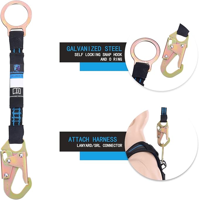 18 Inch D Ring Extender with Galvanized Steel Self Locking Snap Hook and O Ring，Heavy Duty Fall Protection Safety Harness Extension Lanyard，For Construction & Roofing, OSHA/ANSI Compliant