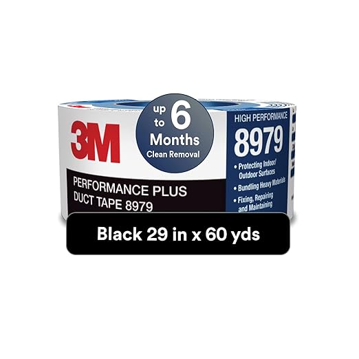 3M Performance Plus 8979 Duct Tape Heavy Duty, Black, 29 in x 60 yds, 12.1 mil, 6 Month Clean Removal, Resists UV and Weather for up to 12 Months, Tears Cleanly, Curl-Resistant, 1 Roll