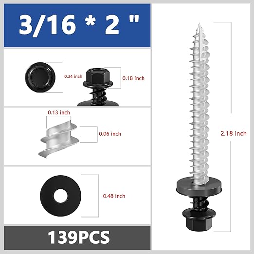 # 3/16 * 2" 139PCS 2lbs Black Hexagonal Metal Sheet roof Screws, #10 * 2 with EPDM washers and Hexagonal self Tapping, Used for Metal to Wood, Corrugated Roofs.5 * 50mm