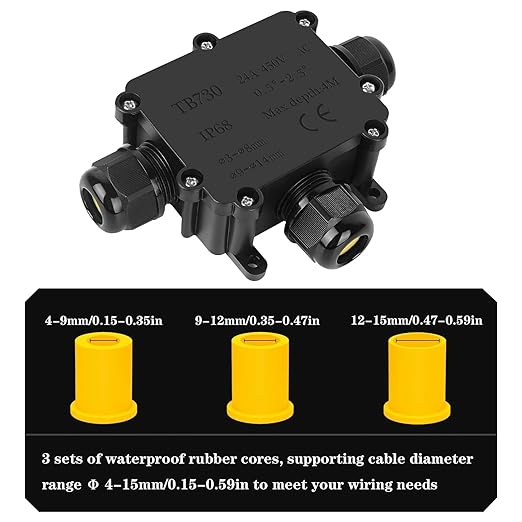 3-Way T-Shaped Waterproof Junction Box - IP68 Rated, Fits Wire Range 4-15 mm, Open Splice Outdoor Underground Electrical Box - 1 Pack