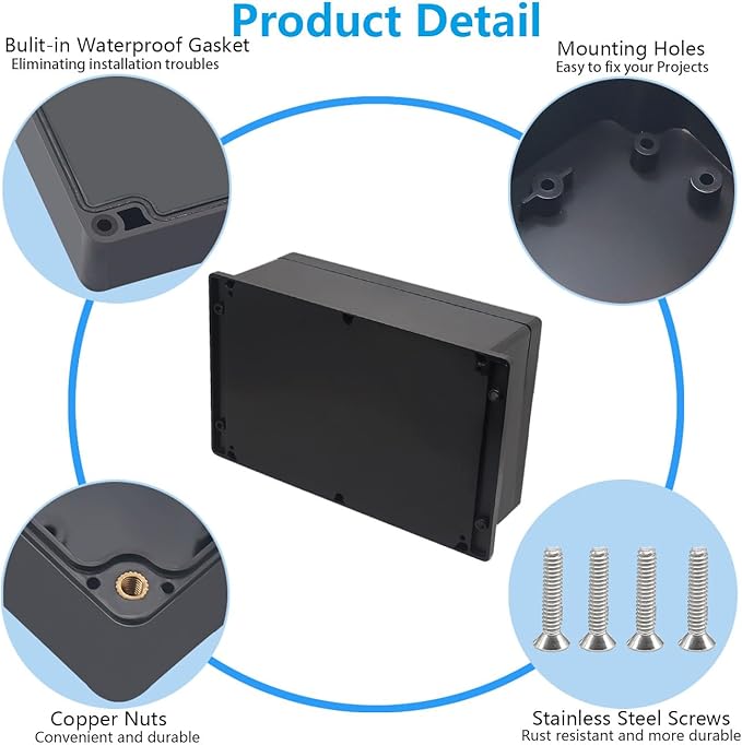 Project Box ABS Black Electrical Boxes IP67 Outdoor Waterproof Junction Box Electronic with Mounting Ears Includes Cable Glands for DIY Project 10.4 x 7.2 x 3.7 inch (263x182x95mm)