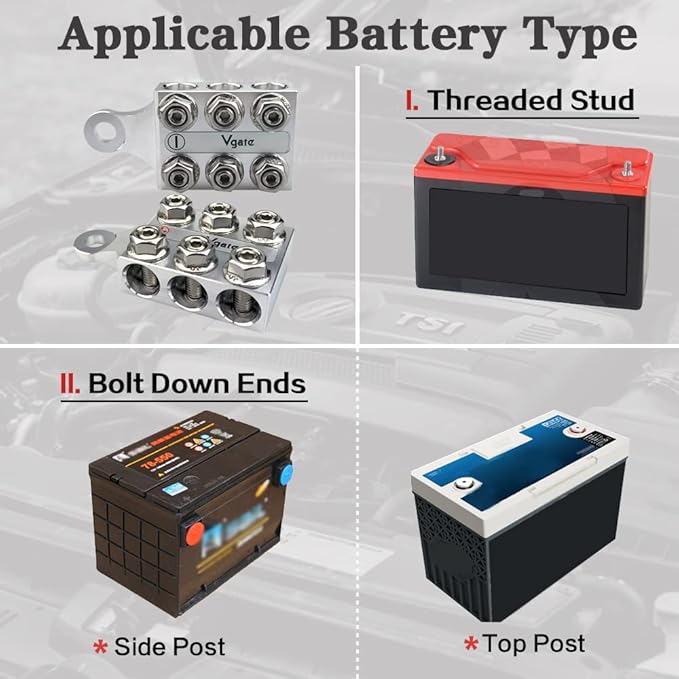 Vgate 12-Way Post Terminal Distribution Block Bus Bar, 8AWG up to 4/0(XL) AWG Gauge, for Lithium or AGM Lead Acid Battery with Bolt Down Ends or Threaded Studs, M10 or 3/8”-16