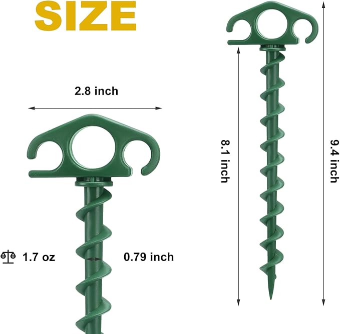 Tent Stakes Ground Anchors Screw in, 10 Pack Sand Stakes for Beach 9.4 Inch Heavy Duty Spiral Tent Pegs for Camping, Party, Hiking, Outdoor Decoration (10, Green)