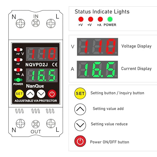 100-240V Universal Adjustable Over Under Voltage and Current Protector Automatic Recovery 80-300Volt 1-63Amp 40-70Hz Self Reset Electrical V A Display AC DC Power Meter Single Phase (63A)
