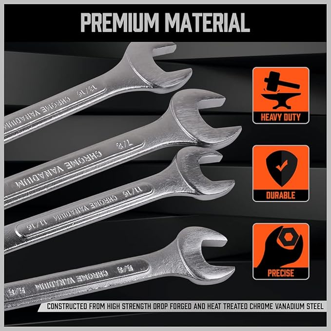 HORUSDY 26-Piece Durable Combination Wrench Set with Roll-up Pouch, Open End Wrench Set for General Household, Garage, Auto Repairs, SAE 1/4” - 1” and Metric 8mm - 24mm