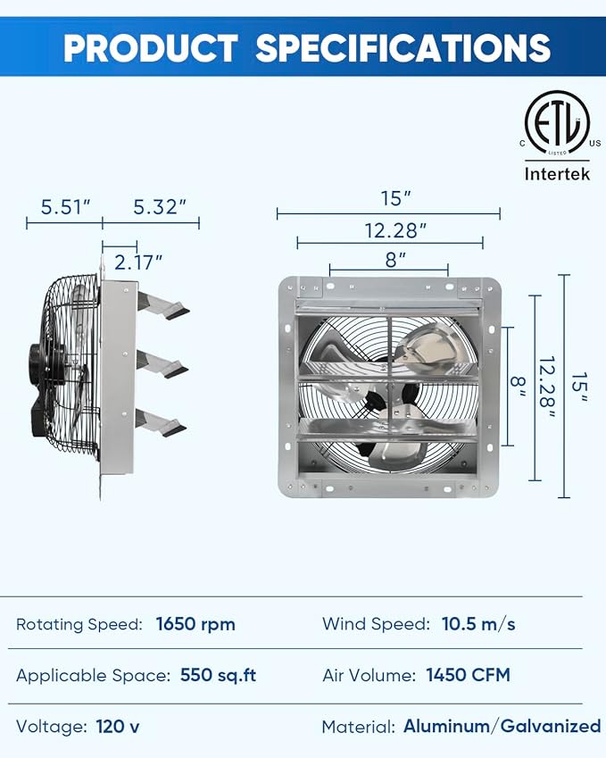 KEN BROWN 12 Inch Shutter Exhaust Fan Wall Mounted,Aluminum with 1.65 Meters Power Cord Kit,High Speed 1450CFM,Vent fan for Commercial,Greenhouse,Attic,Shed,Shop