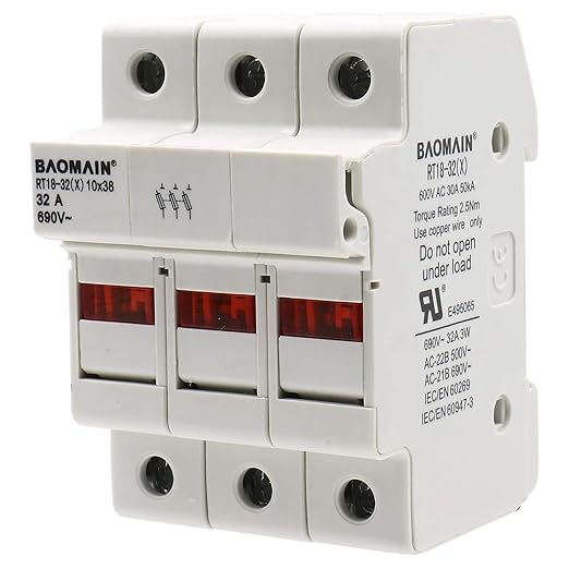 BAOMAIN 3 Pole Cylindrical Fuse Holder with LED Indicator, fits 10 x 38 mm Fuses, 32 Amp 690 VAC, 35mm DIN Rail Mount, 18 to 8 AWG, UL & CE Certified, RT18-32(X) Series (1 Pack)