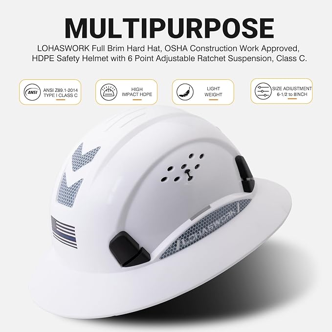 Full Brim Hard Hat Construction OSHA Approved Vented Hard Hat Cascos De Construccion Adjustable Cool Vent Work Safety Helmet for Men and Women