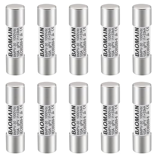 Baomain 10-Pack gPV Solar PV Fuse 10A 1000V DC, 10x38mm, 33kA Breaking Capacity, CE Listed for Photovoltaic Systems, Combiner Boxes (10 Amp.)