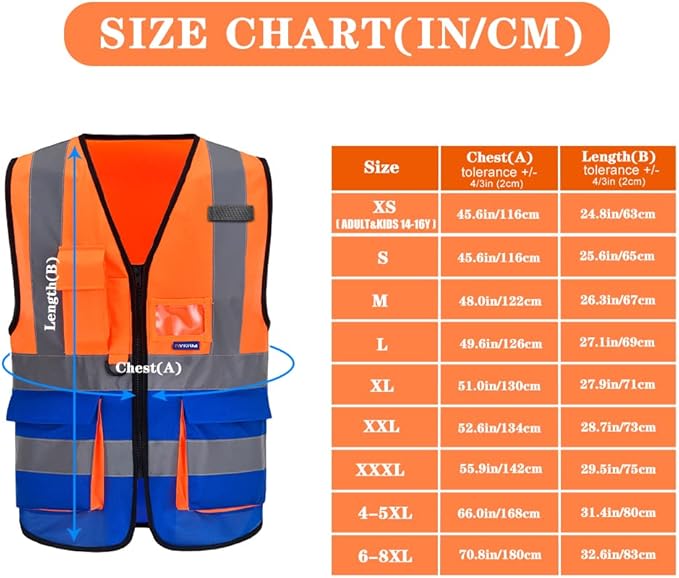 Orange Blue SMALL High Visibility REFLECTIVE Safety Vest with 4 Reflective Strips 7 Pockets