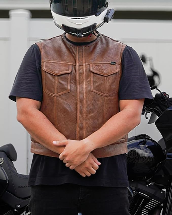 First Mfg Co - Lowside - Mens Motorcycle Biker Riding Canvas, Leather, Twill, Perforated Leather Vest