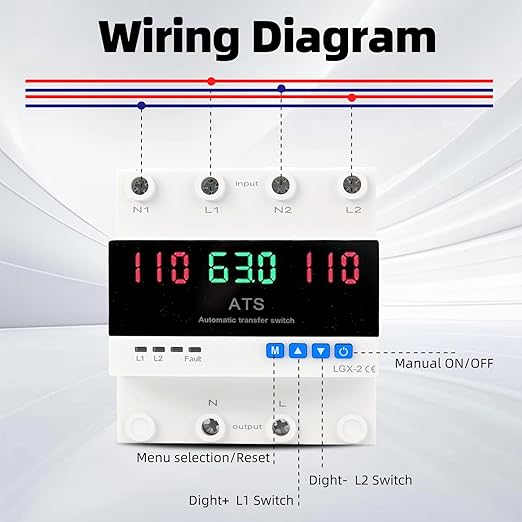63A 2P Dual Power Automatic Transfer Switch 110V Adjustable Emergency Generator Transfer Switch with LED Display 50HZ/60HZ ATS for Generator and Backup Power
