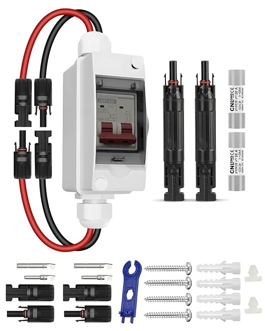 Solar Panel Disconnect Switch 32 Amp 500V DC Miniature Circuit Breaker with 15A Fuse PV Connector and IP65 Waterproof Box for Outdoor PV or AC Stystem