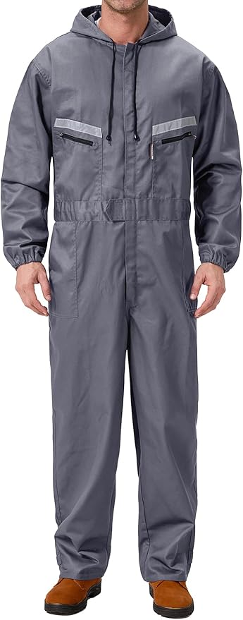 Mens Work Coveralls Mechanic Hooded Overall Workwear Jumpsuits Long Sleeve Hi Viz Coverall with Zippers