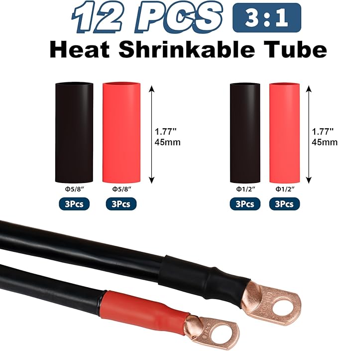 Battery Cable Lug Crimping Tool for AWG 8, 6, 4, 2, 1, 1/0 Gauge Electrical Lug, with 1/0 AWG-3/8” and 4 AWG-3/8” Copper Wire Lugs, 12PCS 3:1 Heat Shrink Tubing