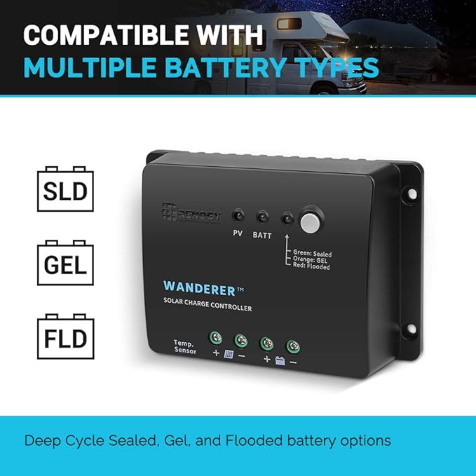 Renogy Wanderer 30 Amp 12V Advanced PWM Negative Ground Solar Charge Controller Battery Regulator Compatible with Sealed, Gel, and Flooded Batteries and Wanderer Temperature Sensor