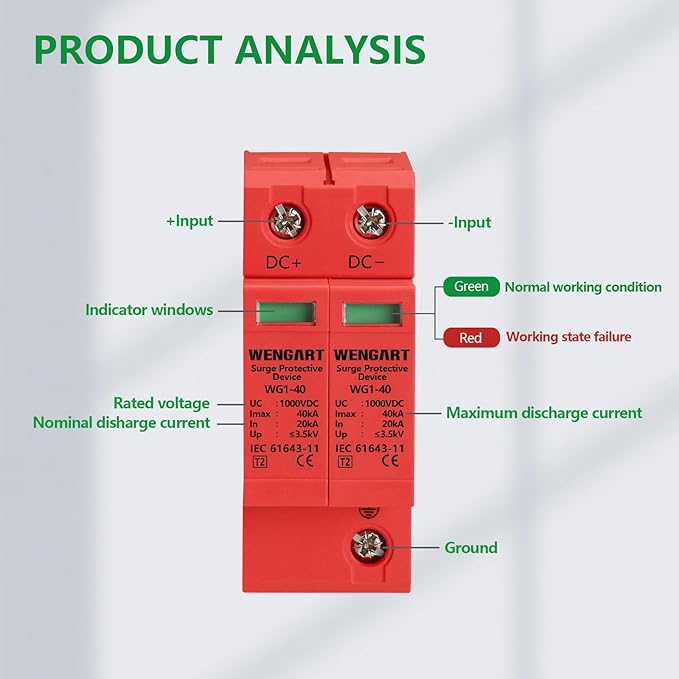Wengart Surge Protective Arrester Device,DC1000V 2P 20-40kA 36mm DIN Rail Mount,Low Voltage Arrester Device for Lightning Protection Power Distribution and Control Appliances