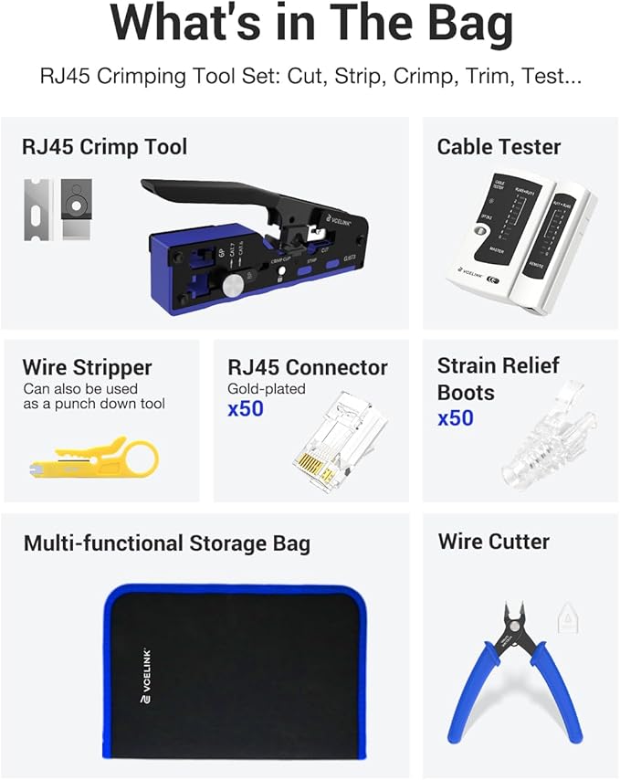 VCELINK RJ45 Crimp Tool Kit for CAT7/6A/6/5E/5, Upgraded Network Tool Set with an Ethernet Crimper, 50 RJ45 Connectors & Boots, Cable Tester, Wire Stripper and Cutter in a Cloth Bag