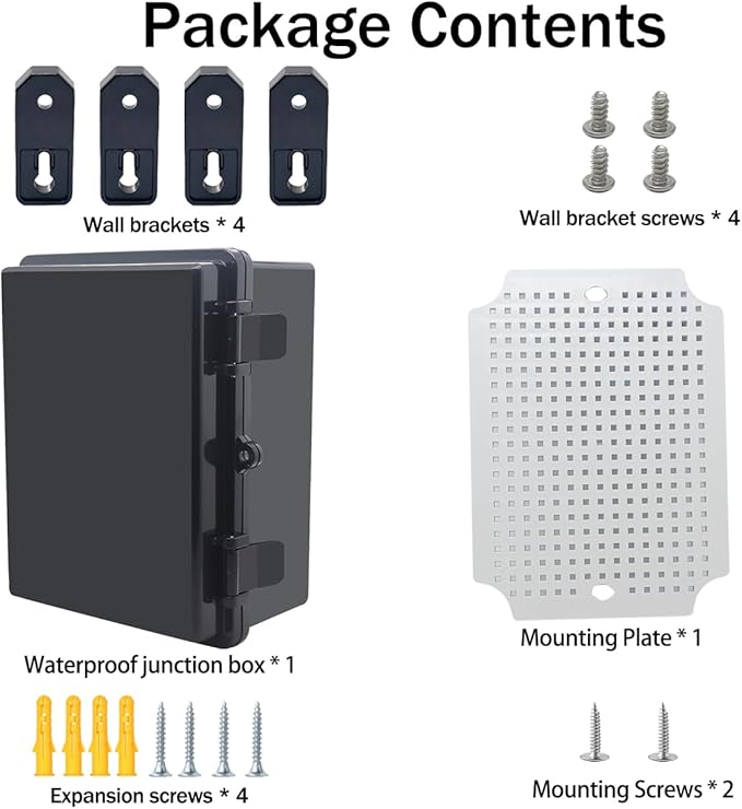 Junction Box, Hinged Black Cover IP67 Waterproof ABS Project Box with Mounting Plate Electrical Box Enclosure with Wall Bracket 8.7 x 6.7 x 4.3inch(220x170x110mm)