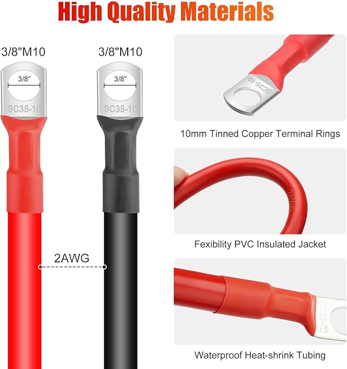 Linkstyle 2PCS 2AWG 12 Inch Battery Cables with 3/8" Terminals Lugs and Connectors Clamps, 30CM Battery Inverter Wire Set, for Marine Solar Panels Car Truck RV